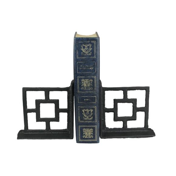 Set of 2 Cast Iron Breeze Block Bookends Decorative Rustic Geometric Shelf Decor - Picture 2 of 5